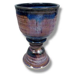 Studio Pottery Chalice Goblet Cup 8" Signed Drip Glaze Blue Purple Stoneware
